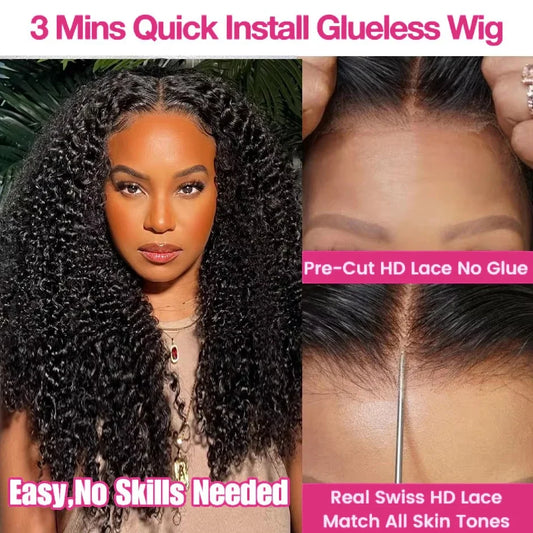 10A Glueless Wigs Human Hair Wigs Ready To Wear Bleached Knots 5x5 Pre Cut HD Transparent Glueless Lace Wigs Kinky Curly Wig100%