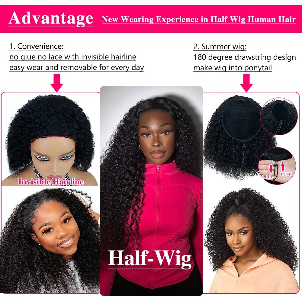 Glueless Human hair Wigs Kinky Curly Headband Wig Upgrade 3 IN 1 Half Wig With Drawstring Seamless Clip Ins Flip Over For Women